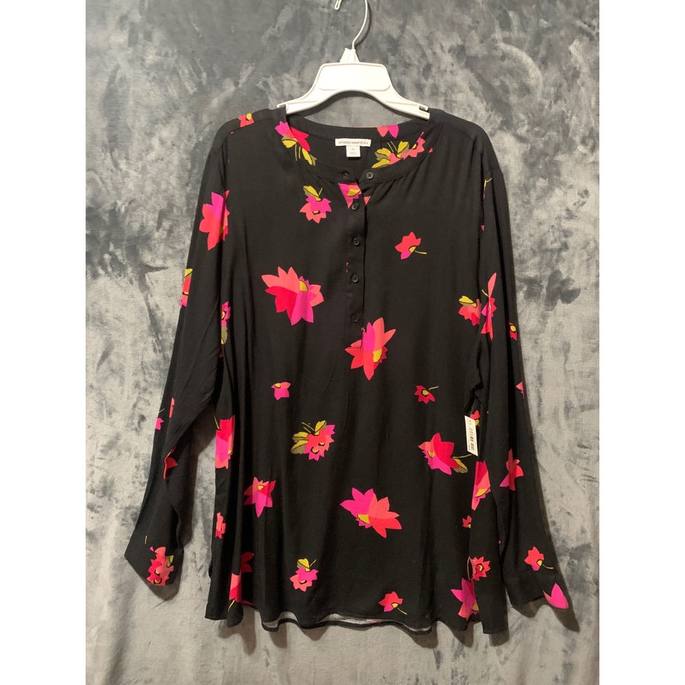 Womens XXL Black Pink Floral Henley Long Sleeve Tunic Blouse Amazon Essentials